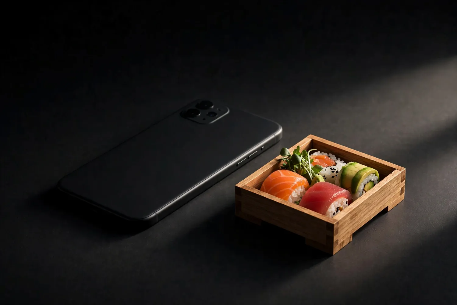 A phone beside a sushi box