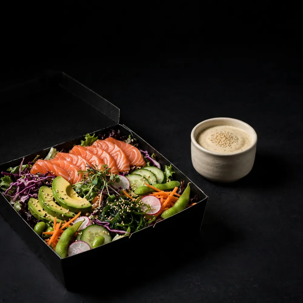 A salad box with the dressing pot apart