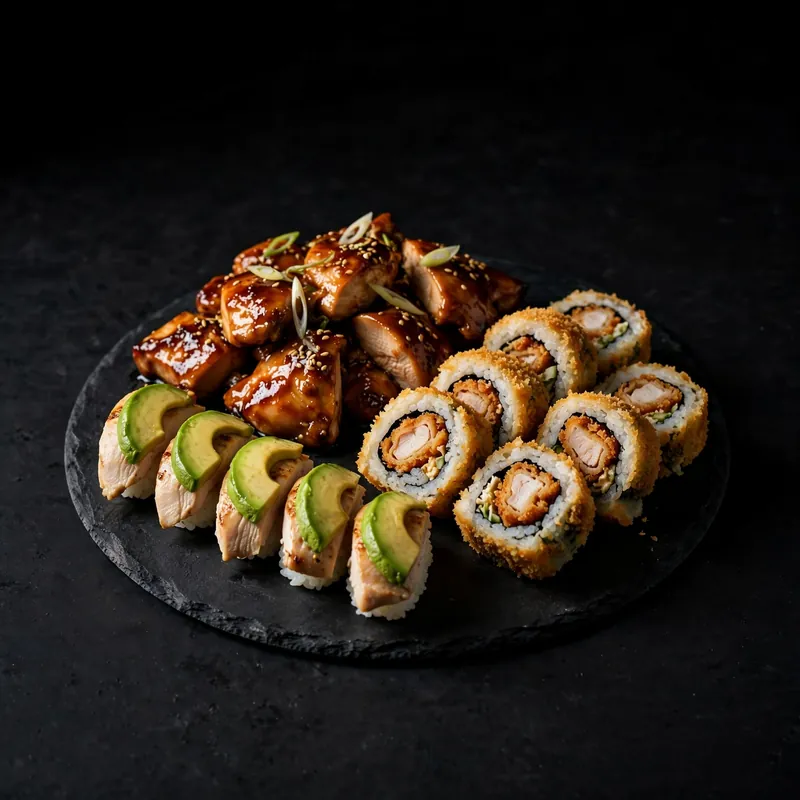 A platter of chicken sushi