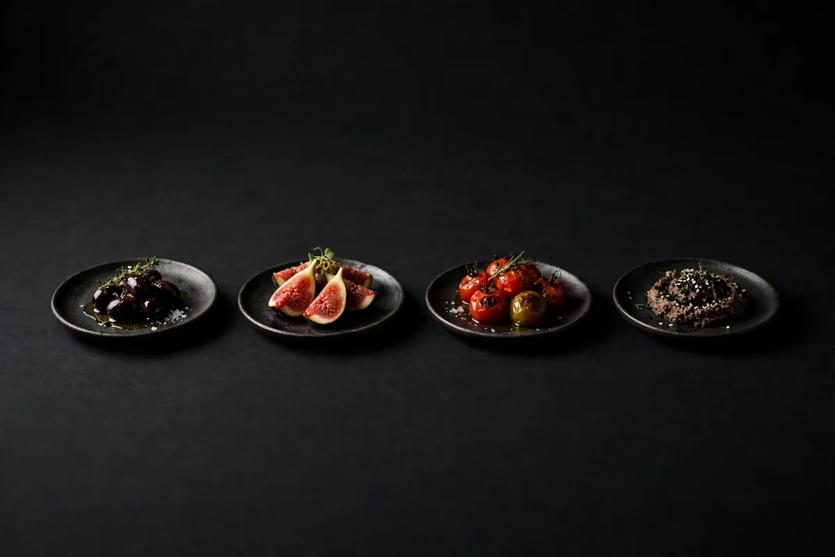 Four small dishes on a dark table