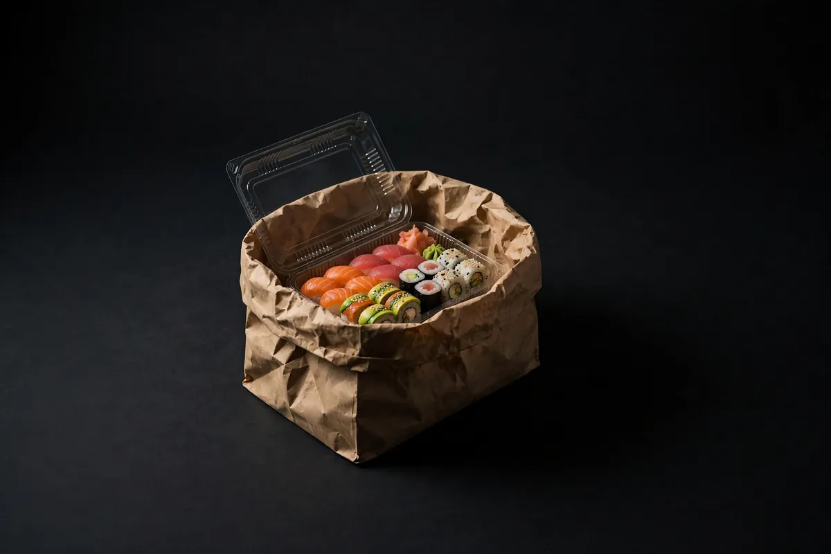 A sushi box in a paper bag
