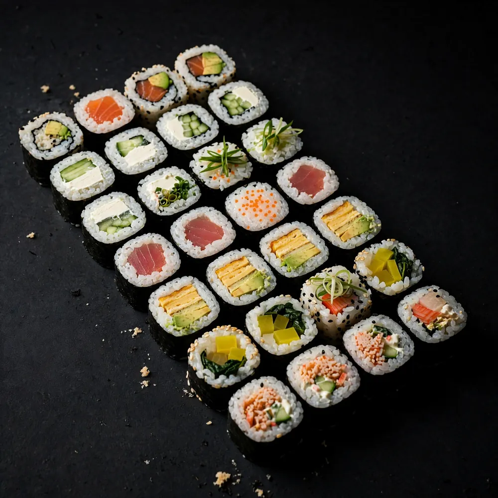 Rows of maki roll pieces