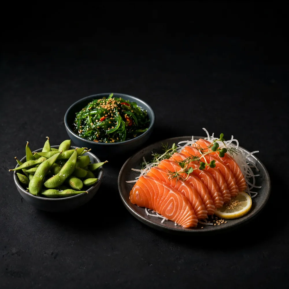 Sashimi, seaweed salad and edamame