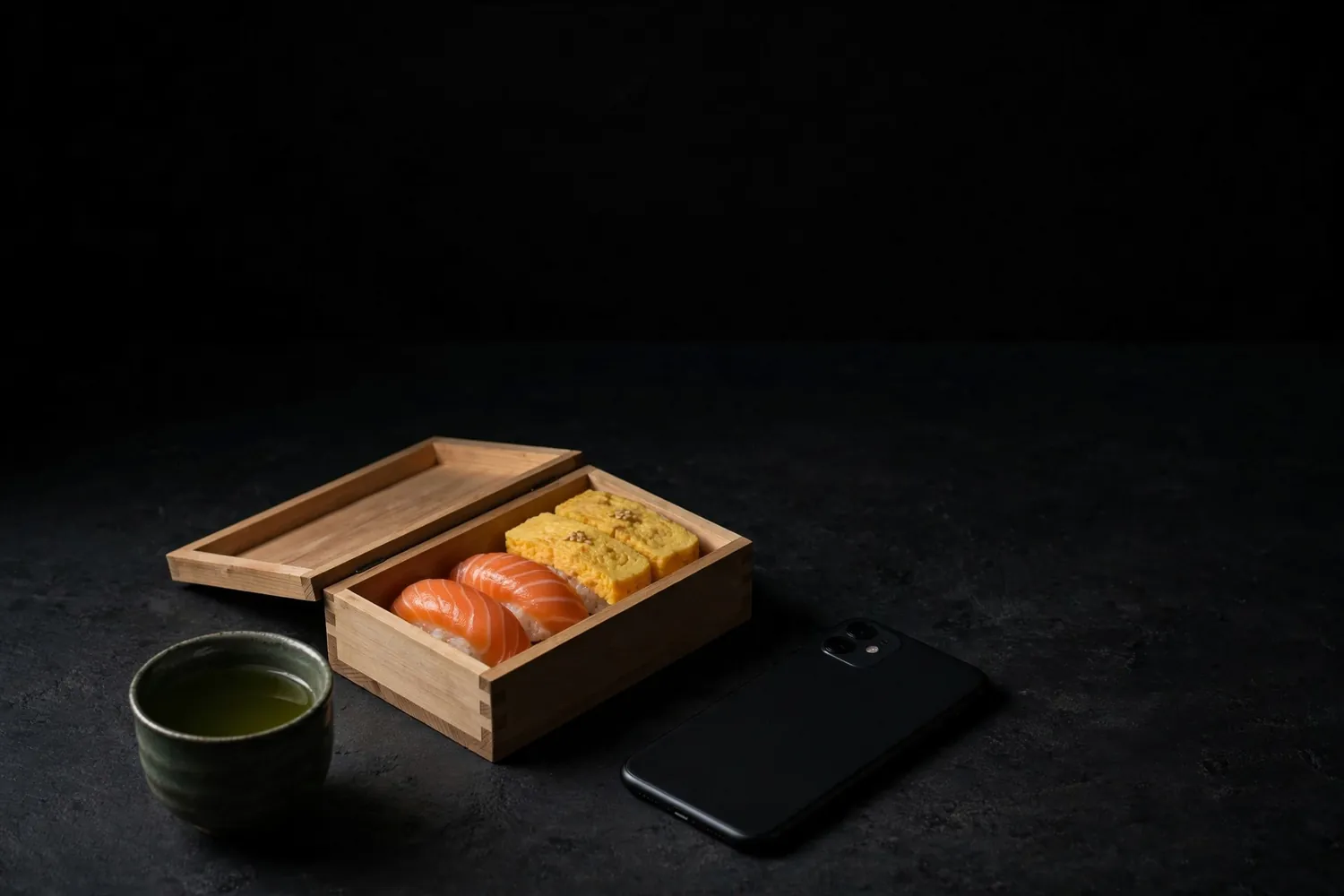 A phone, a sushi box and tea