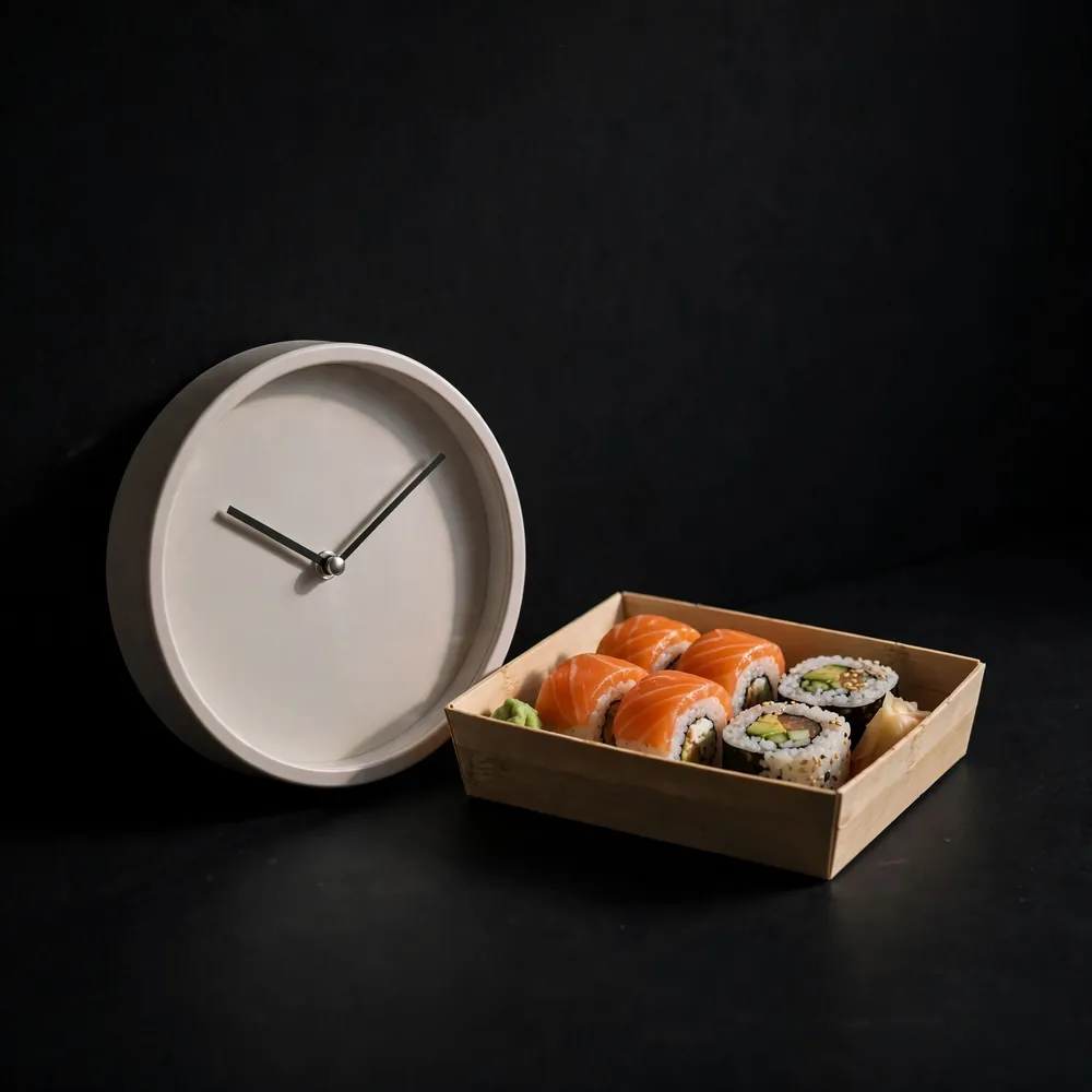 A clock and a sushi box